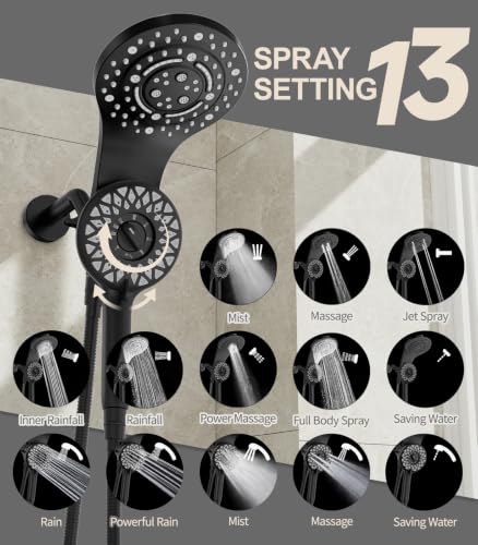 Matte Black 13-Function Dual Rain Shower Head with Handheld & 72-Inch Hose - 2-in-1 Magnetic Shower Set