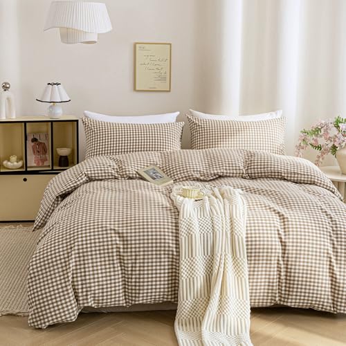 Mucalis Tan Gingham Duvet Cover King 100% Washed Cotton Beige Brown