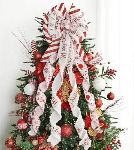 HUIHUANG Red Christmas Tree Topper Bow 13x45 Inch, Red and White, Wired Holiday Decor