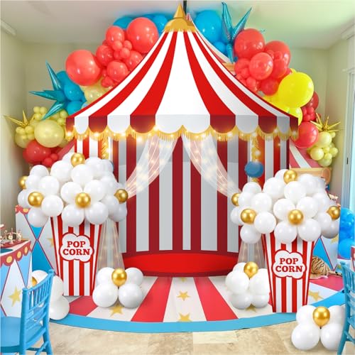 Carnival Party Decorations Set - Red White Circus Tent Backdrop & Balloons