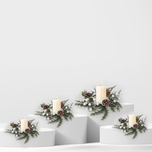 Christmas Greenery Candle Rings by [Brand Name] - 12 Pack with White Berries & Pine Cones | Festive Table Decor