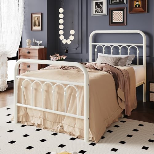Cream Twin Size Metal Platform Bed Frame with Headboard - Elegant & Durable