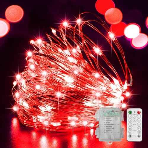 LAMPHOME 100 LED 33FT Red Fairy Lights Battery Operated with Remote, Mini Starry String Lights Multi Functions & Timer,Twinkle for Christmas Home Bedroom Wedding DIY Centerpiece Decor