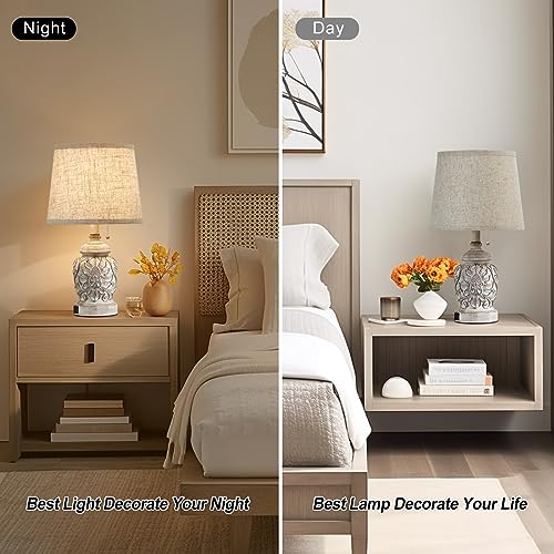 19.5" Vintage Rustic Farmhouse Table Lamps Set of 2 with Pull Chain & USB Ports, White Finish