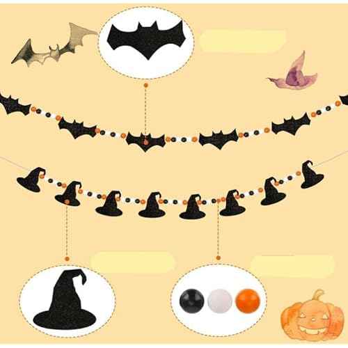 2 Pcs Halloween Bat Decorations Black Felt Bats with Witches Wood Beads Garland Scary Halloween Decoration for Fireplace Mantle Walls Haunted House Decoration (Black-2pcs)