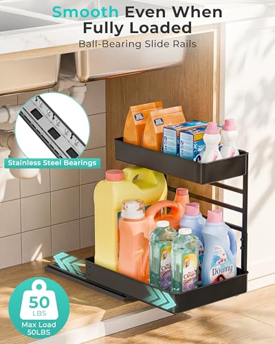 EVERIE 2 Sets Height Adjustable Metal Pull-Out Under Sink Cabinet Organizer, Black