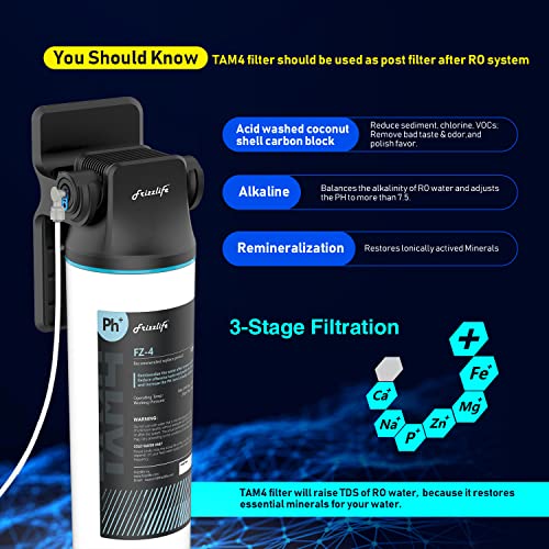 Frizzlife TAM4 Under Sink Inline Water Filter with Alkaline pH & Mineral Remineralization - NSF/ANSI 42 Certified, 1/4 Inch Fitting, Variation of TAM4