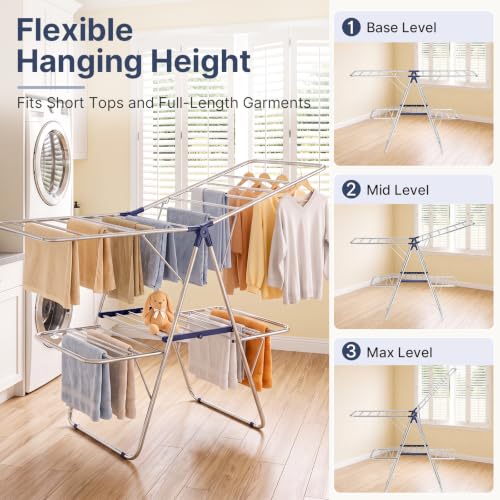 KINGBOARD Large Dark Blue Stainless Steel 2-Tier Foldable Clothes Drying Rack, 57" Max Height