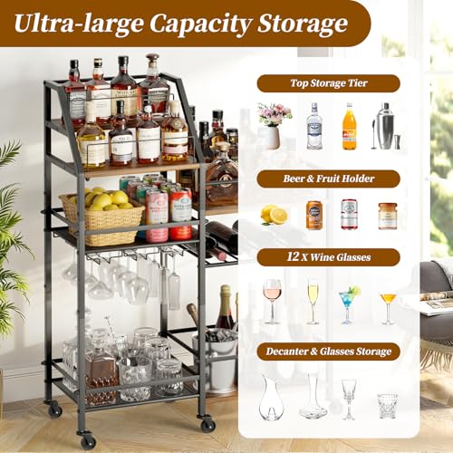 Large Black & Brown Rolling Bar Cart with Wine Glass Holder and 4-Bottle Wine Rack