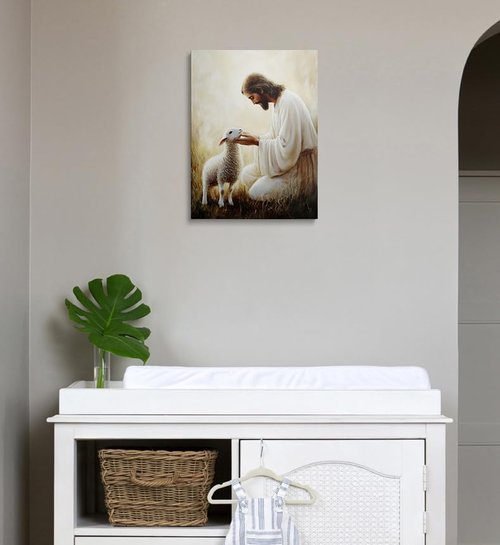 Jesus Holding Lamb Canvas Wall Art - Serene Religious Decor for Home & Church | 12x16 Inches