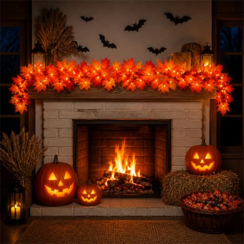 9FT Fall Garland with Lights - Connectable Outdoor Indoor Halloween Thanksgiving Decor - 2 Packs