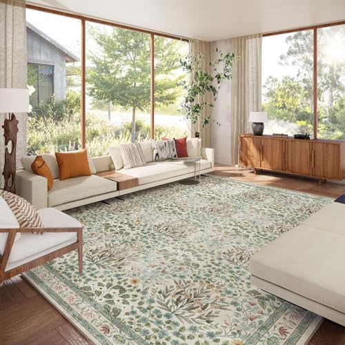 Beige 9x12 Washable Area Rug - Vintage Floral Low Pile Non Slip Carpet for Living Room & Bedroom