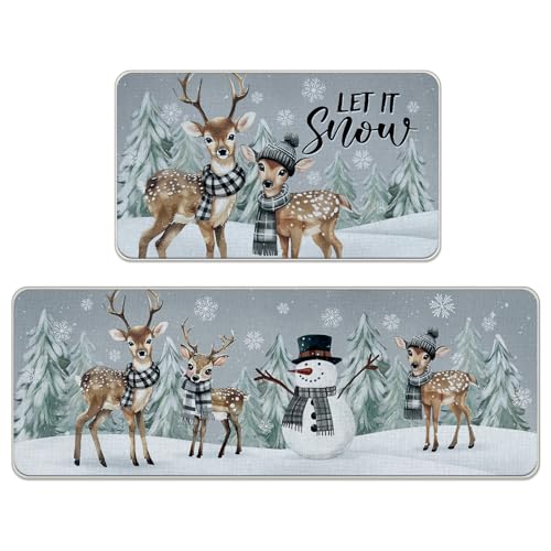Gray Deer Snowman Winter Reindeer Kitchen Rugs Set of 2 - Non-Slip Decor Mats