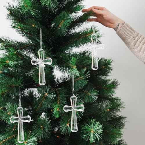 Lurrose Crystal Cross Hanging Ornament Crystal Acrylic Cross Decoration Hangings Glass Christmas Tree Ornaments for Religious Christian Christmas Party Decoration