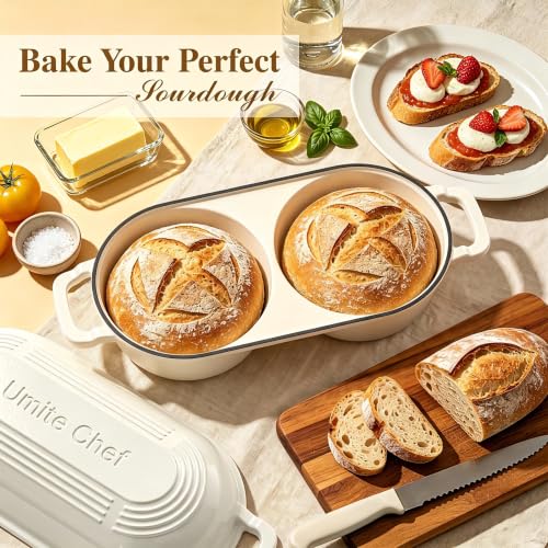 Umite Chef Cream White Double Round Dutch Oven & Bread Proofing Set