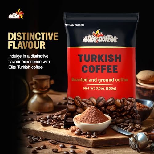Elite Turkish Ground Roasted Coffee Bag - 3.5 Ounce Pack of 10 - Traditional & Rich Flavor