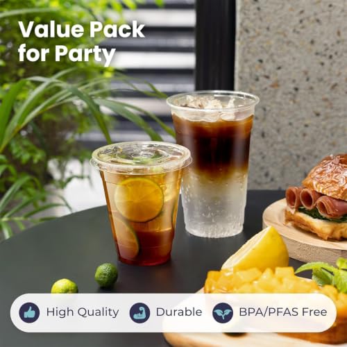Fit Meal Prep 200 Pack 16 oz Plastic Iced Coffee Cups with Flat Lids