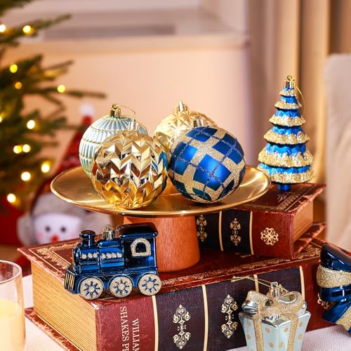 82pc Shatterproof Christmas Ball Ornaments Set in Blue & Gold with Hanging Strings