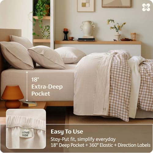 Bedsure PureWoven 100% Washed Cotton Queen Sheets Linen Beige 6PCS