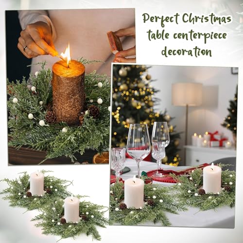 YLOLUL 4-Pack Farmhouse Christmas Wreath Candle Rings | 10" Wide Cedar & Pine Cone Mini Wreaths