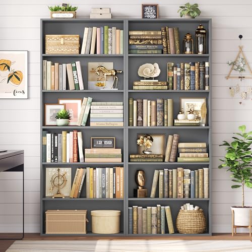 Tall Bookshelf with 6 Open Shelves - Dark Gray Bookcase, Modern Storage