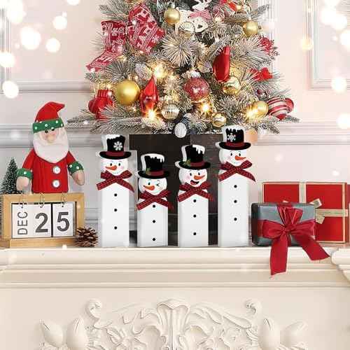 Christmas Snowman Decorations Indoor, Wooden Snowman Block Merry Christmas Sign, Let It Snow Winter Xmas Decor, Cute Xmas Tiered Tray Decorations Table Centerpiece for Mantel Home Holiday Decor