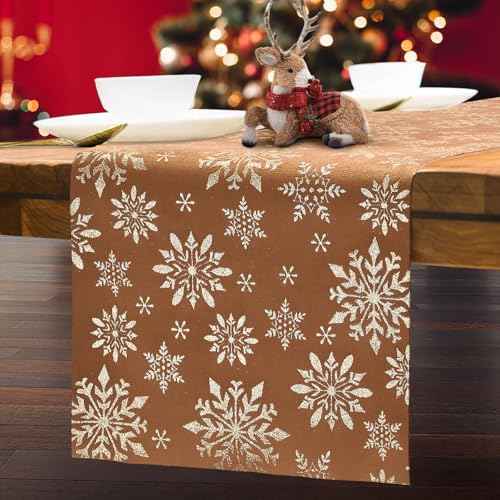 Christmas Day Table Runner,102¡¿11 Inches Velvet Luxury Gold Snowflakes Rectangle Long Farmhouse Table Runner for Romantic Events,Wedding Anniversary,Marriage Proposals,Engagements Party (Velvet/Brown)