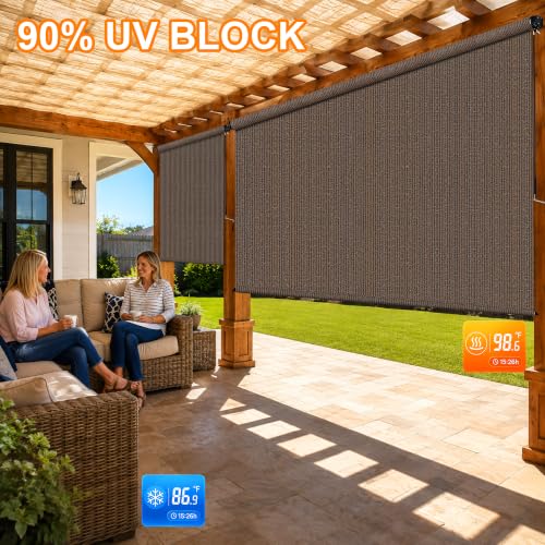 Mocha Outdoor Roller Shade with UV Block & Cordless Operation - 8'W x 8'H, Variation: 96" x 96"