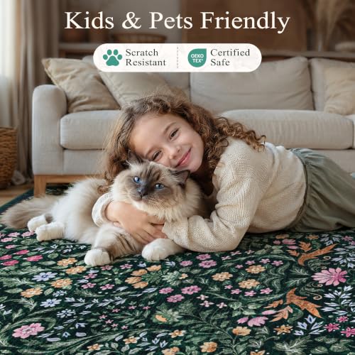 Tosuoka 8x10 Dark Green Washable Boho Floral Area Rug for Farmhouse & Living Room