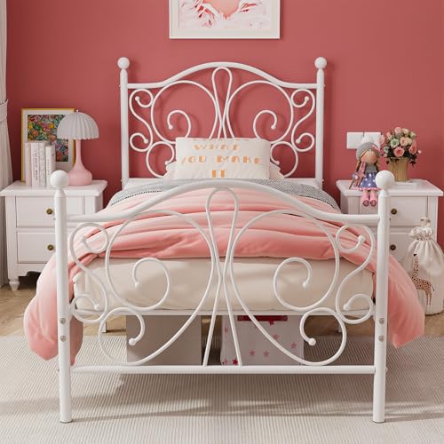 Twin Bed Frame with Butterfly Headboard and Footboard - White, Space-Saving Design