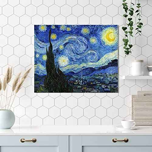 Van Gogh Canvas Wall Art: Starry Night Landscape Painting Picture Reproduction Room Decor - Famous Art Prints Modern Artwork Framed Poster Bedroom Home Decoration 12" x 15"