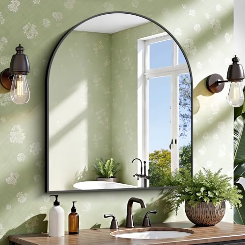 30x36 Inch Black Arched Wall Mirror - Bathroom & Living Room Decor with Anti-Rust Frame