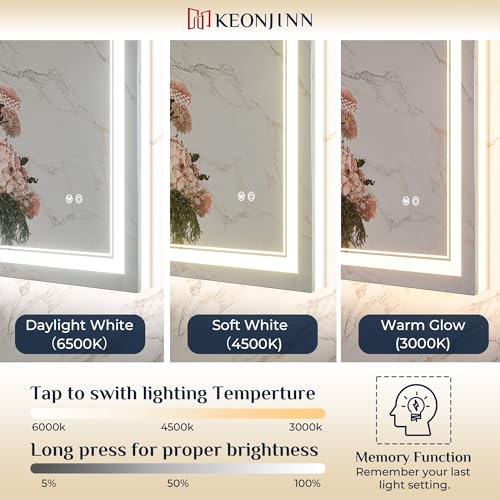 Keonjinn 22 x 32 Inch LED Bathroom Mirror with Backlit & Frontlit, Tempered Glass, Dimmable, Defogging, Wall Mount