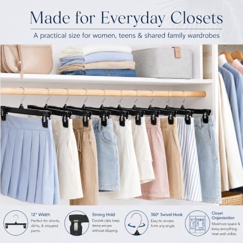 Smartor 60 Pack Black Pants & Skirt Hangers with Clips, 12 Inch, Heavy Duty Non-Slip Clamps