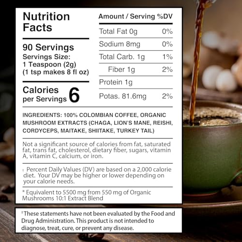 Organic Mushroom Coffee Instant Pack of 2 - 6.35oz, 7 Superfood Mushrooms Blend, 180 Servings