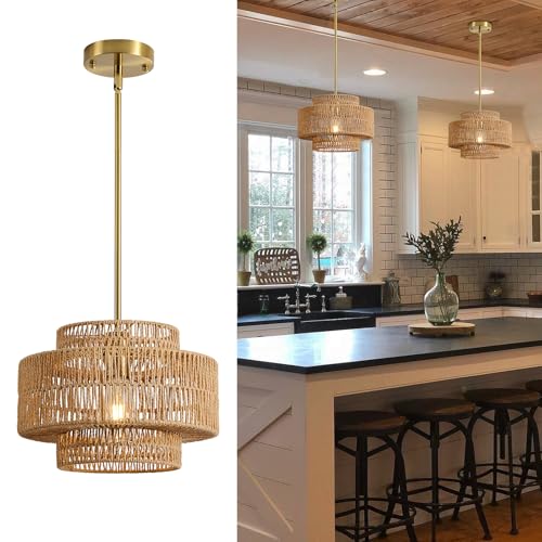 Brown 12.4 Inch Rattan Pendant Light for Kitchen Island - Boho Chandelier