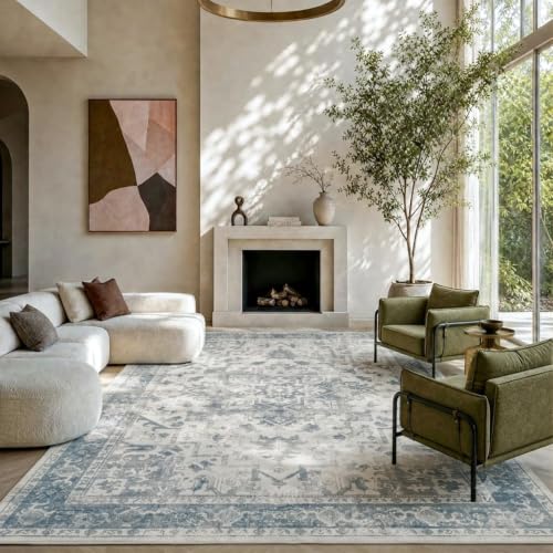 Rugxara 6x9 Blue Grey Washable Area Rug - Boho Vintage Style, Non-Slip Backing, Low-Pile, for Living Room & Bedroom - Rectangle