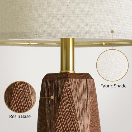 27.5 Inch Wooden Grain Table Lamps Set of 2 with USB Charging Ports - Rustic Resin Bedside Lamps with Linen Shade & Rotary Switch - Tall Nightstand Lighting for Bedroom & Living Room