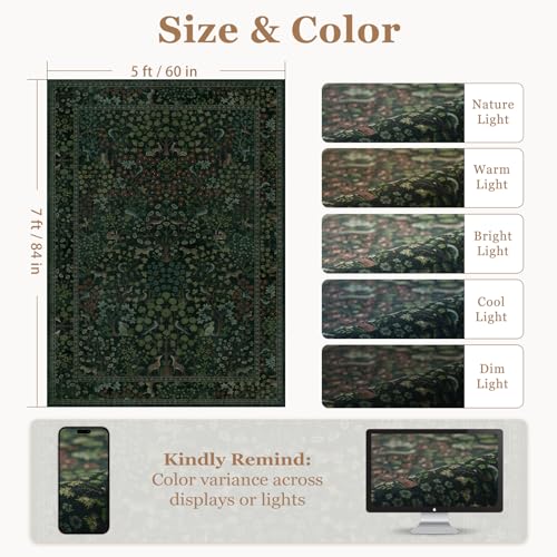 Green Woodland Floral Animal Rug 5x7 - Washable Low-Pile Area Rug for Living Room, Bedroom, Nursery - Non Slip