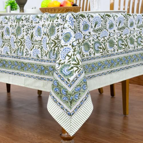 Sage Green Hand Block Print Cotton Square Tablecloth 60x60 Inches - Traditional Indian Design