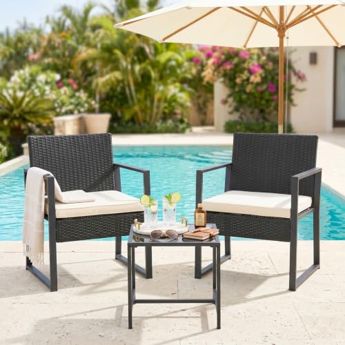 FDW Khaki 3-Piece Patio Furniture Set Outdoor Wicker Conversation Set with Coffee Table