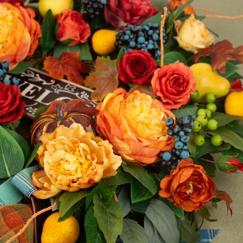 Autumn Wreath for Front Door 24 Inch Harvest Fall Decor - Orange, Red, Gold - Rustic Welcome Sign
