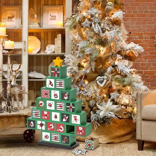Wooden Advent Calendar with 24 Reusable Drawers Christmas Tree Decor