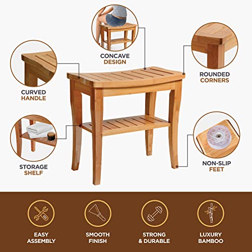Bambüsi Bamboo Shower Bench with Storage Shelf, Non Slip Feet - Compact Spa Seat