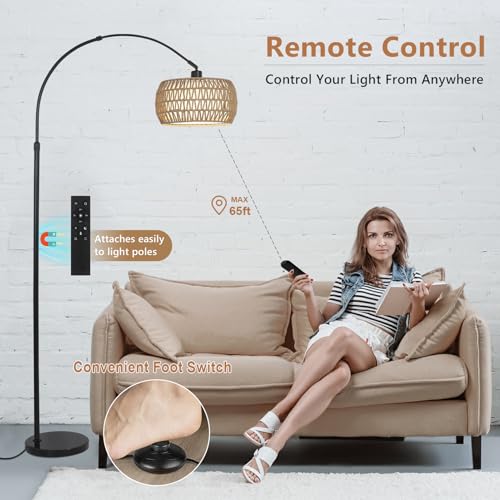 Bohemian Arc Floor Lamp with Rattan Shades, Dimmable LED, Remote Control, Tall Farmhouse Standing Light for Living Room