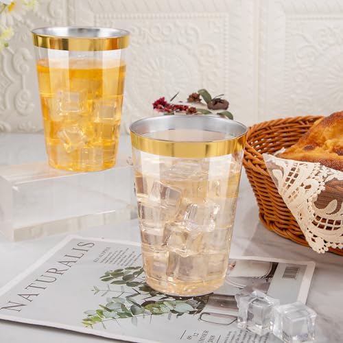 I00000 200 Pack 12 oz Gold Plastic Cups, Premium Rimmed Cups