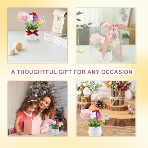 Crochet Pink Flower Pot Set - Handmade Knit Artificial Flowers for Home Office Decor