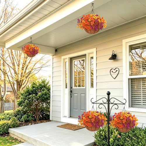 Fall Pansy Artificial Hanging Flower Baskets for Outdoor Autumn Decor - 2 Pack