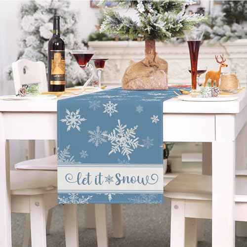 Bonhause Winter Christmas Table Runner 13x72 Inch Blue Snowflakes Let It Snow Xmas Seasonal Holiday Kitchen Dining Table Decoration for Indoor Outdoor Home Party Decor