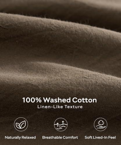 JELLYMONI Queen Brown Washed Cotton Duvet Cover Set 90x90 Linen-Like Organic Style